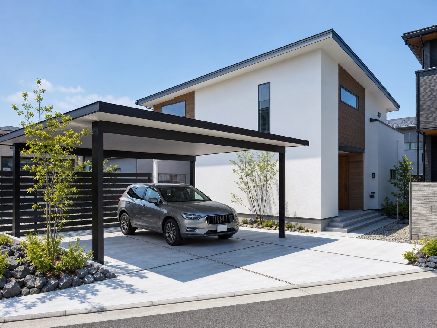 フラット屋根のカーポートとコンクリート駐車場の施工参考イメージ